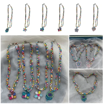Разноцветные рисовые бусины, двухслойное колье, цветочное ожерелье, Регулируемая цепочка для женщин и девочек, милые украшения ручной работы в стиле бохо