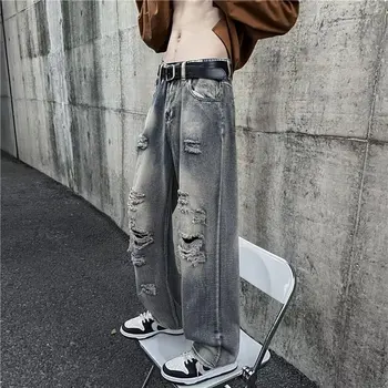 Рваные, застиранные и потертые джинсы для хай-стрит, мужские свободные прямые брюки в стиле хип-хоп