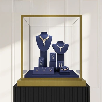 Реквизит для показа ювелирных изделий, портрет модели из синей микрофибры, ожерелье на шею, витрина, серьги, подставка для колец