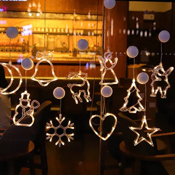 Рождественская лампа-присоска, светодиодные фонари, Колокольчик, Снеговик, звезда, Праздничное украшение окна, подвесная лампа на батарейках для домашнего декора Navidad