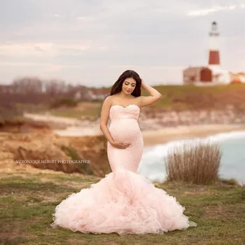 Розовые платья-русалки для беременных, кружевные платья без бретелек, пышный тюль, свадебные халаты для фотосессии беременных