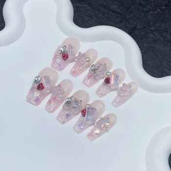 Розовый Пресс ручной работы на Ногтях с Подвесками и Блестками Корейские Многоразовые Клейкие Накладные Ногти Искусственные Акриловые Типсы Для ногтей Nail Art Y2K