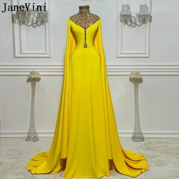 Роскошное вечернее платье JaneVini с арабским хрусталем и высоким вырезом, женские желтые вечерние платья Русалки с накидкой, расшитой бисером, праздничное платье знаменитостей
