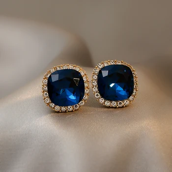 Роскошные Высококачественные Корейские модные Темпераментные серьги-гвоздики с геометрией синего кристалла для женщин, Шикарные ювелирные изделия для девочек 3S1243