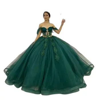 Роскошные Зеленые Сверкающие Пышные Платья С Открытыми Плечами И Аппликацией Для Дня Рождения Принцессы, Бальное Платье Для Выпускного Вечера, Vestidos De 15 Anos