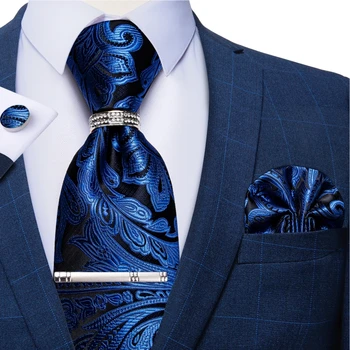 Роскошный Набор мужских шелковых галстуков синего цвета с Пейсли, Мужской свадебный галстук с цветочным рисунком, Квадратные запонки, Зажим для галстука, Мужской подарок Оптом