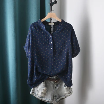Рубашка с воротником-стойкой из хлопчатобумажной пряжи в стиле ретро с цветочным вишневым принтом Lamprip, Блузка, топ Mori Girl