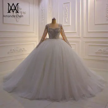 свадебные платья для невесты, длинный рукав, кружевная аппликация, кристалл, квадратный вырез, свадебное платье