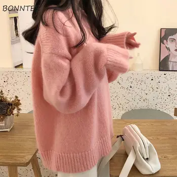 Свитер, женский толстый пуловер, Свободный теплый студенческий Корейский стиль, простой универсальный нежный вязаный Модный шик, мягкая зимняя эстетика