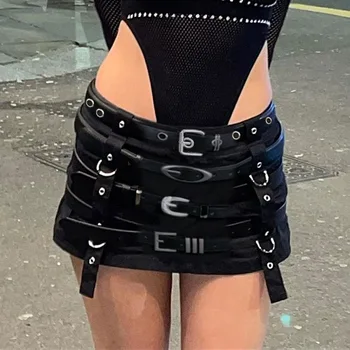 Сексуальная кожаная мини-юбка в стиле панк, Черное платье, уличная одежда-карго, ремни-карандаш с высокой талией, женские наряды, одежда в стиле пэчворк, Короткие юбки