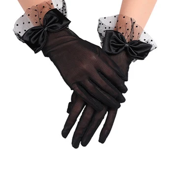 Сексуальные короткие тюлевые перчатки с полными пальцами, Летние женские кружевные перчатки, Женские перчатки для вождения, Эластичные варежки с бантом, свадебные элегантные перчатки