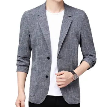 Серый 65% Льняной Блейзер Пальто Мужское 2023 Новый Приталенный Блейзер Куртка Модный Повседневный Корейский Стиль Уличная Одежда Блейзер Masculino