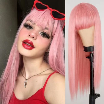 Синтетический Длинный Прямой Розовый парик Лолиты Awahair с челкой из термостойких волос, парик для косплея на Хэллоуин или накладные волосы для ежедневных вечеринок