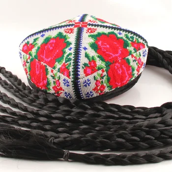 Синьцзян-уйгурская шляпа с красным цветком, мужская и женская шляпа, аксессуары для танцевальных представлений в национальном стиле, шестиугольная шляпа с имитацией волос