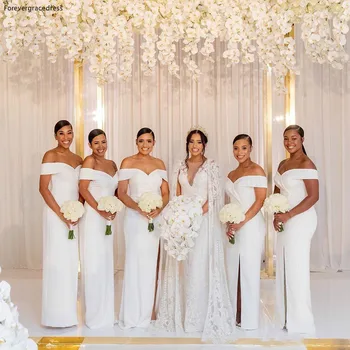 Современные платья подружек невесты белого цвета с открытыми плечами и разрезом сбоку, атласные длинные платья для подружек невесты, свадебные платья для гостей Плюс размер