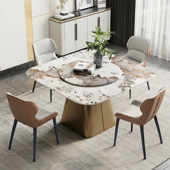 Сочетание обеденного стола и стульев из каменной плиты в итальянском стиле, небольшой бытовой квадрат с поворотным столом, мраморный круглый стол