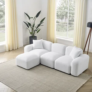 [Срочная распродажа] L-Образный Модульный секционный диван DIY Из комбинированной плюшевой ткани Белого / бежевого / оранжевого цвета [US-W]