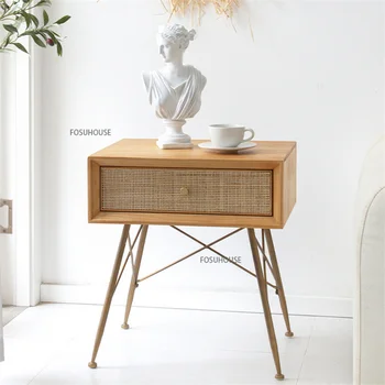 Тумбочка из ротанга из массива дерева в скандинавском стиле для мебели для спальни, Минималистичный креативный шкаф для хранения, Мини-прикроватный столик для маленькой спальни