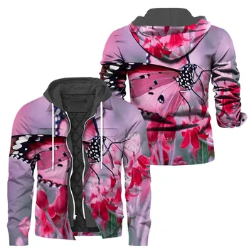 Утепленные пальто с подкладкой HXCotton Модные Толстовки на молнии с 3D принтом Животных, Цветов и бабочек, куртка с карманом на молнии, мужская Женская одежда
