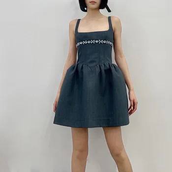Фирменный дизайн, Украшенный бисером и бриллиантами, платья с квадратным вырезом на бретельках, Женские Летние Корейские платья 2023 года, новое Роскошное Черно-серое вечернее платье