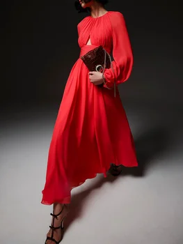 Французское красное платье, нишевое плиссированное и выдолбленное платье, элитное платье, элитное платье, длинное платье большого размера, женское летнее