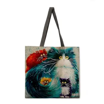 Цветная сумка с принтом Кошки, сумка через плечо, Холщовая повседневная сумка, Складная сумка для покупок, многоразовая пляжная сумка