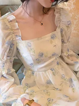 Цельнокроеное платье, сказочное платье Миди с цветочным рисунком, женское элегантное винтажное платье с пышными рукавами, женское вечернее платье Lady 2022, летнее платье traf robe