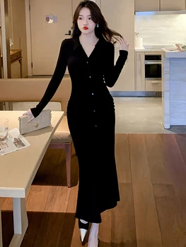 Черное Вязаное Длинное платье-поло с воротником-поло с длинным рукавом, Женское Весеннее Элегантное облегающее вечернее платье 2023 года, Корейское Винтажное платье для выпускного вечера Hepburn