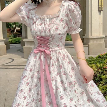 Элегантное Женское платье с цветочным рисунком на шнуровке, Корейская принцесса, Фея, Милое платье Миди, бандаж, Шикарное Дизайнерское повседневное платье с пышными рукавами, летнее платье
