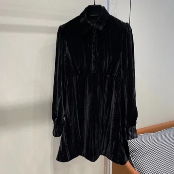 Элегантное Офисное Женское Черное бархатное платье 2023 Весенняя мода Женское Плиссированное платье-рубашка в опрятном стиле