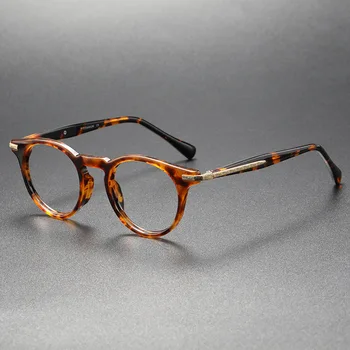 Японские Классические Ретро очки в черепашьей оправе круглого типа для мужчин и женщин, Леопардовые ацетатные очки для близорукости ручной работы